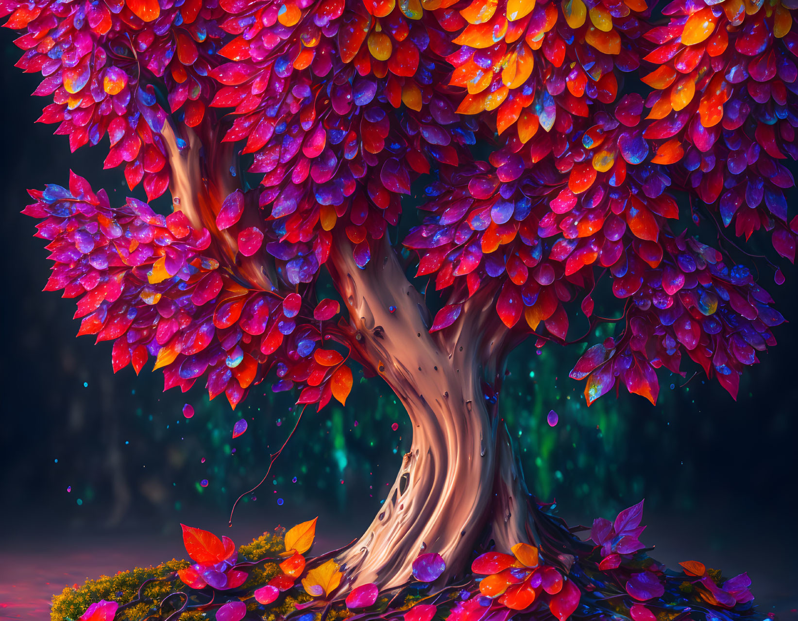 Colorful Tree with Twisting Trunk Against Starry Night Sky