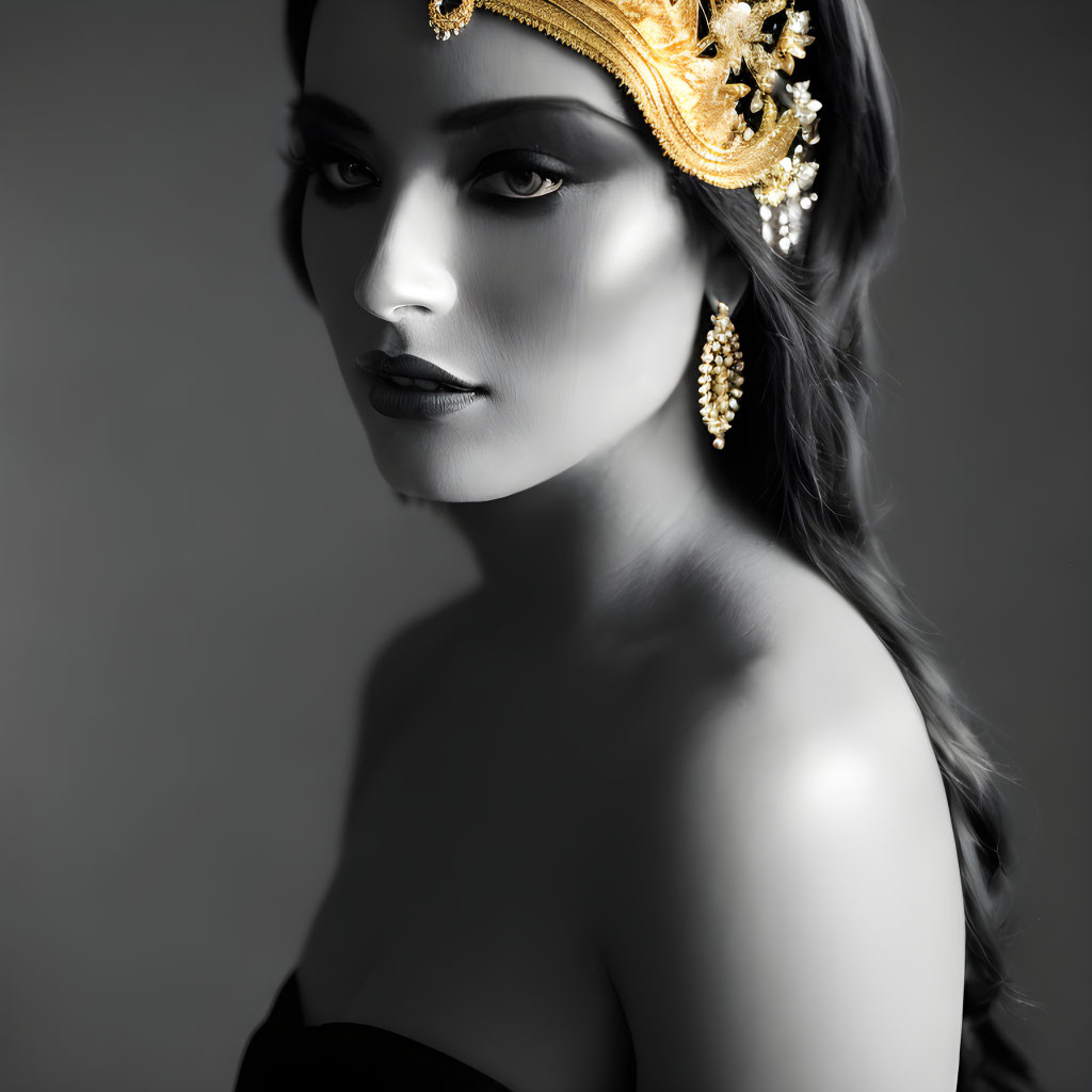 Monochrome portrait of woman with golden headpiece and earrings