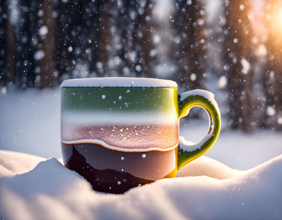 Ceramic mug on snow with snowflakes under sunlight in wintery forest