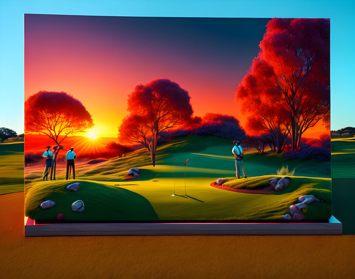 Colorful golf course scene with golfers, sunset, and red foliage on TV screen