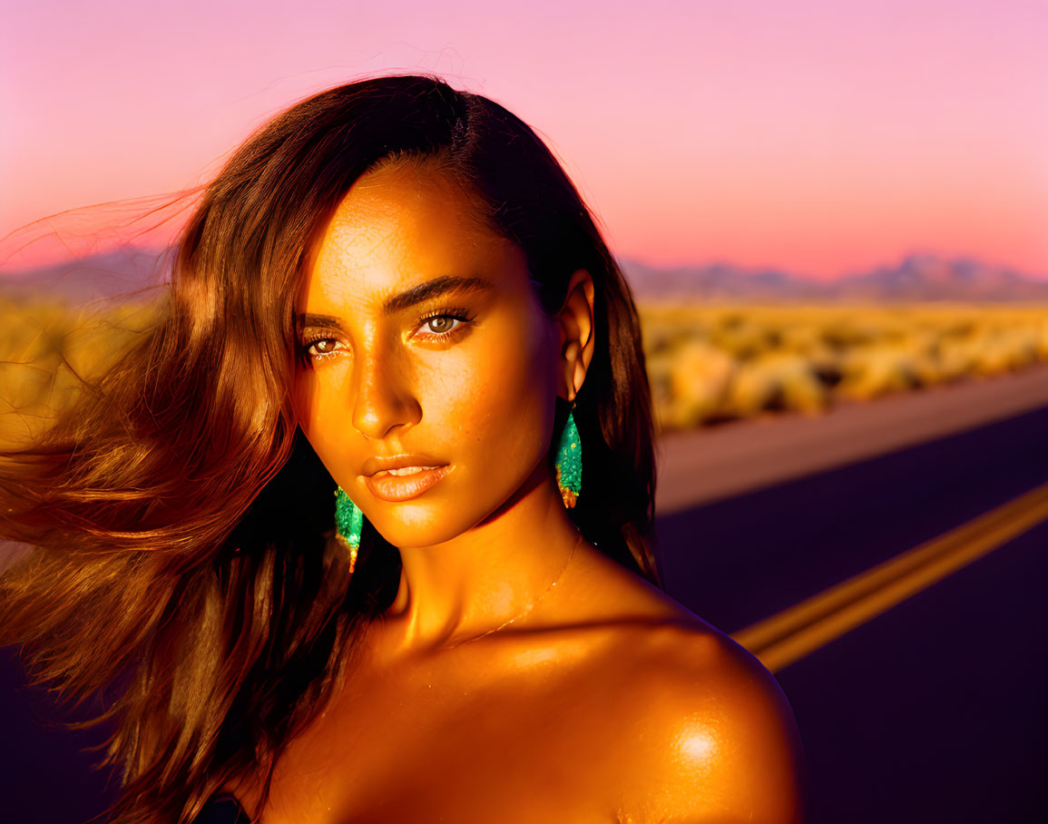 Woman with flowing hair and green earrings poses at sunset on deserted road