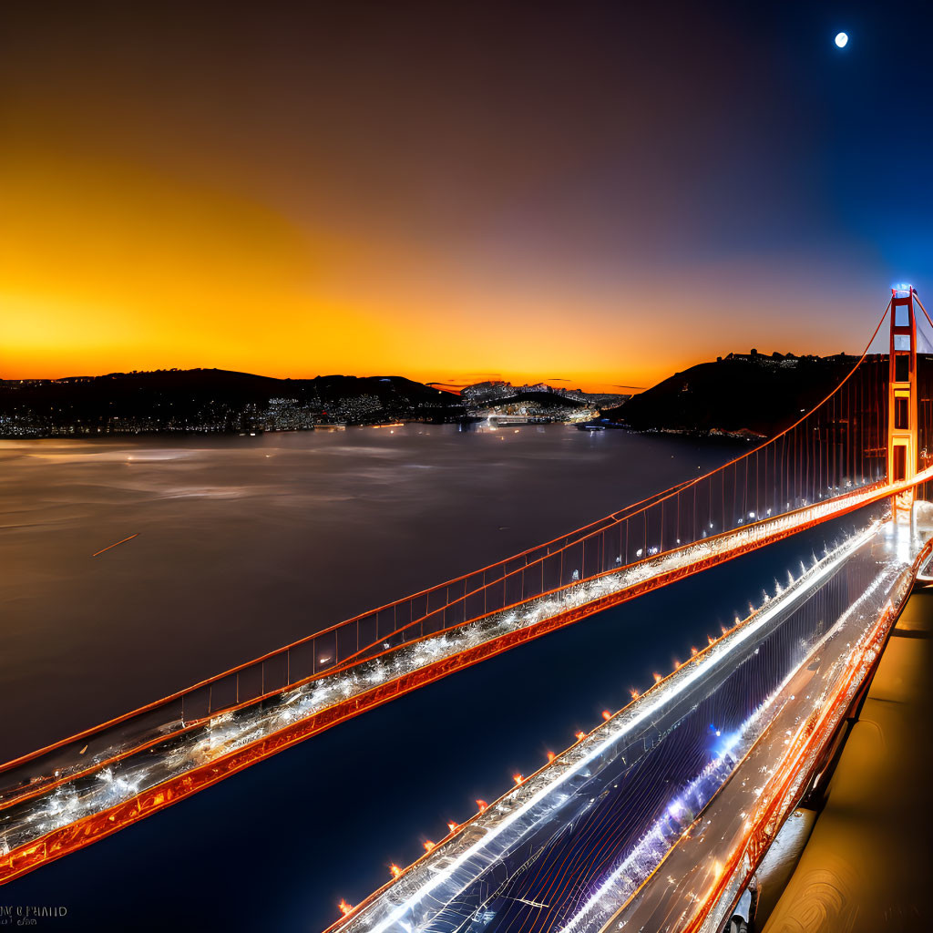 Golden Gate Bridge Twilight Scene with Sunset Sky and Crescent Moon