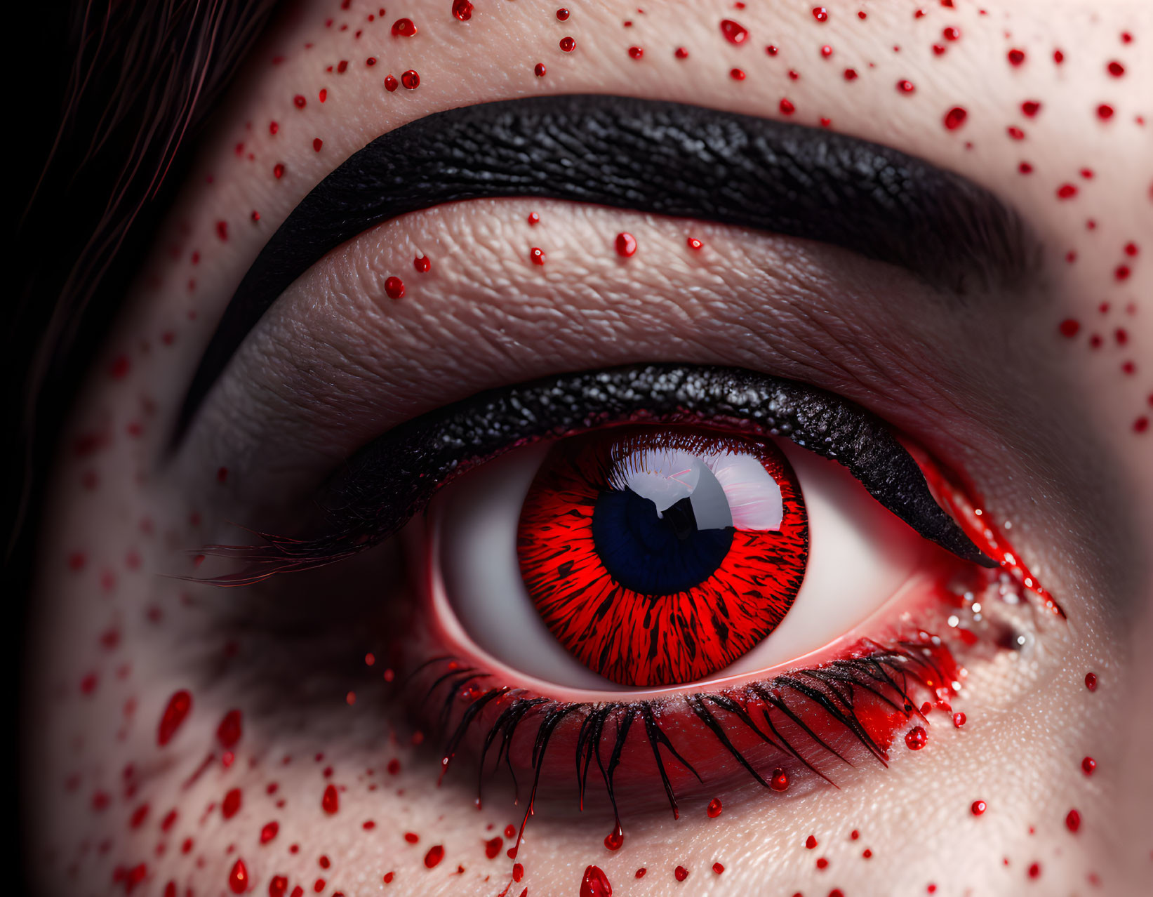 Stylized human eye with red sclera, blue pupil, black eyeliner, and red glitter