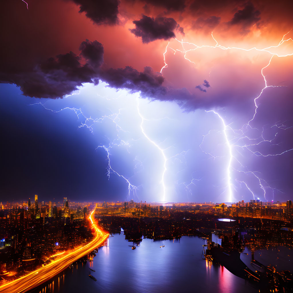 Night cityscape with stormy sky and lightning strikes over river