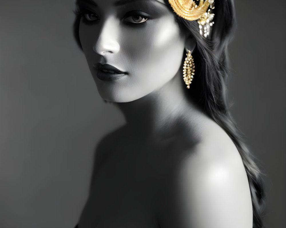 Monochrome portrait of woman with golden headpiece and earrings