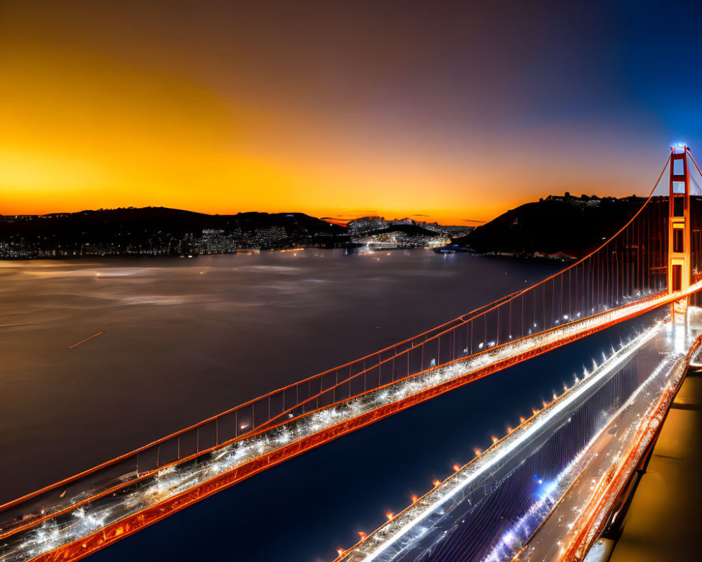 Golden Gate Bridge Twilight Scene with Sunset Sky and Crescent Moon