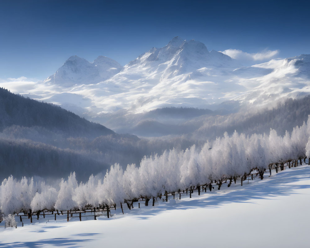 Snowy landscape with mountains, misty forest, and frost-covered trees.