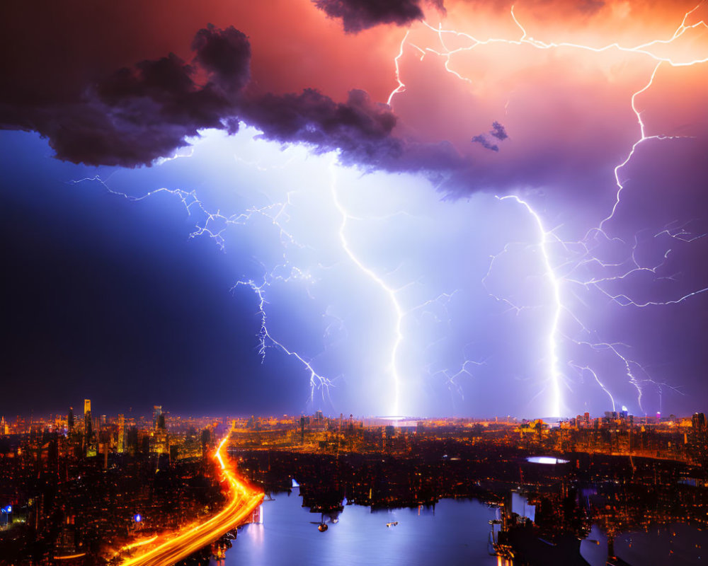 Night cityscape with stormy sky and lightning strikes over river