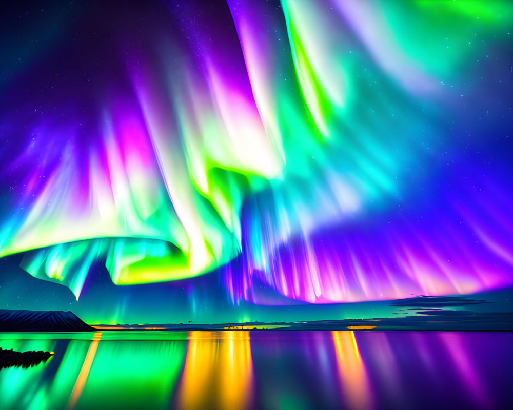 Colorful Aurora Borealis Reflecting on Serene Water at Night