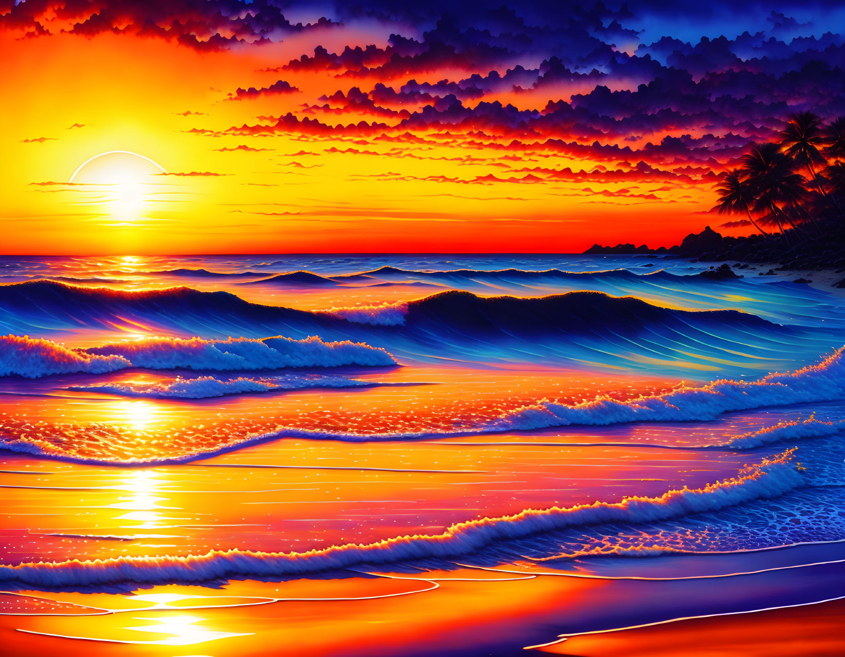 Vibrant Beach Sunset with Orange, Red, and Purple Hues