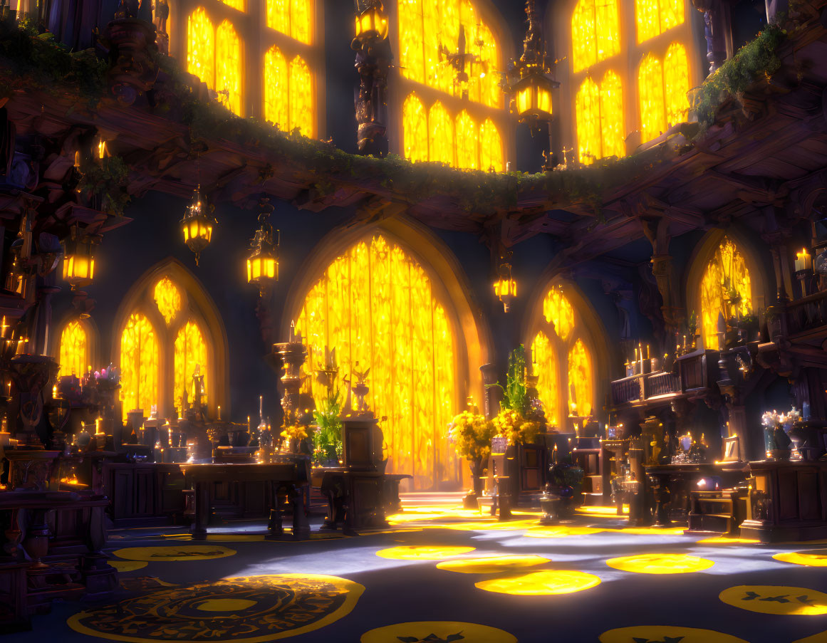 Fantasy library with towering bookshelves and stained glass windows