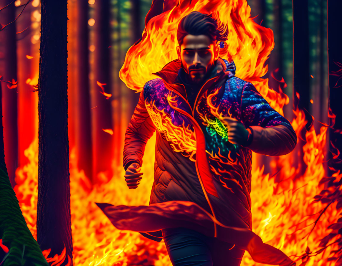 Man with fiery effect running through vivid forest engulfed in flames