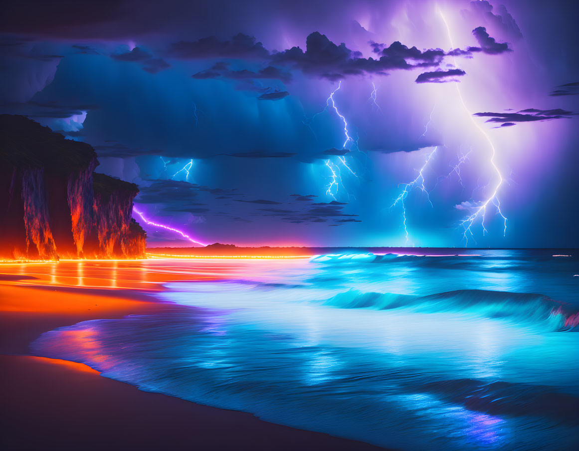 Intense lightning storm over purple skies, blue waves, and beach lit by orange light