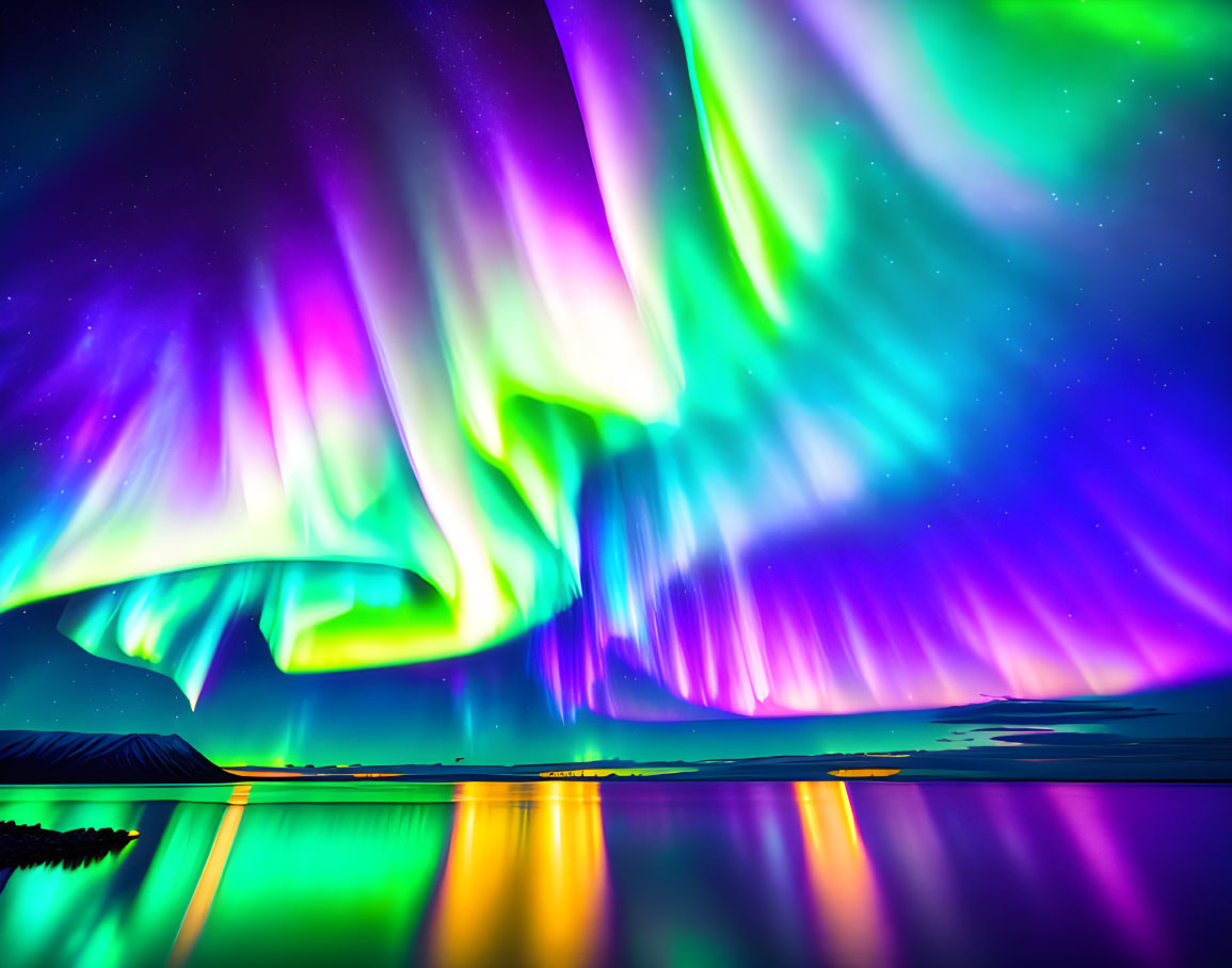 Colorful Aurora Borealis Reflecting on Serene Water at Night