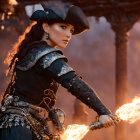 Pirate-themed woman with tricorne hat and flintlock pistol at sunset