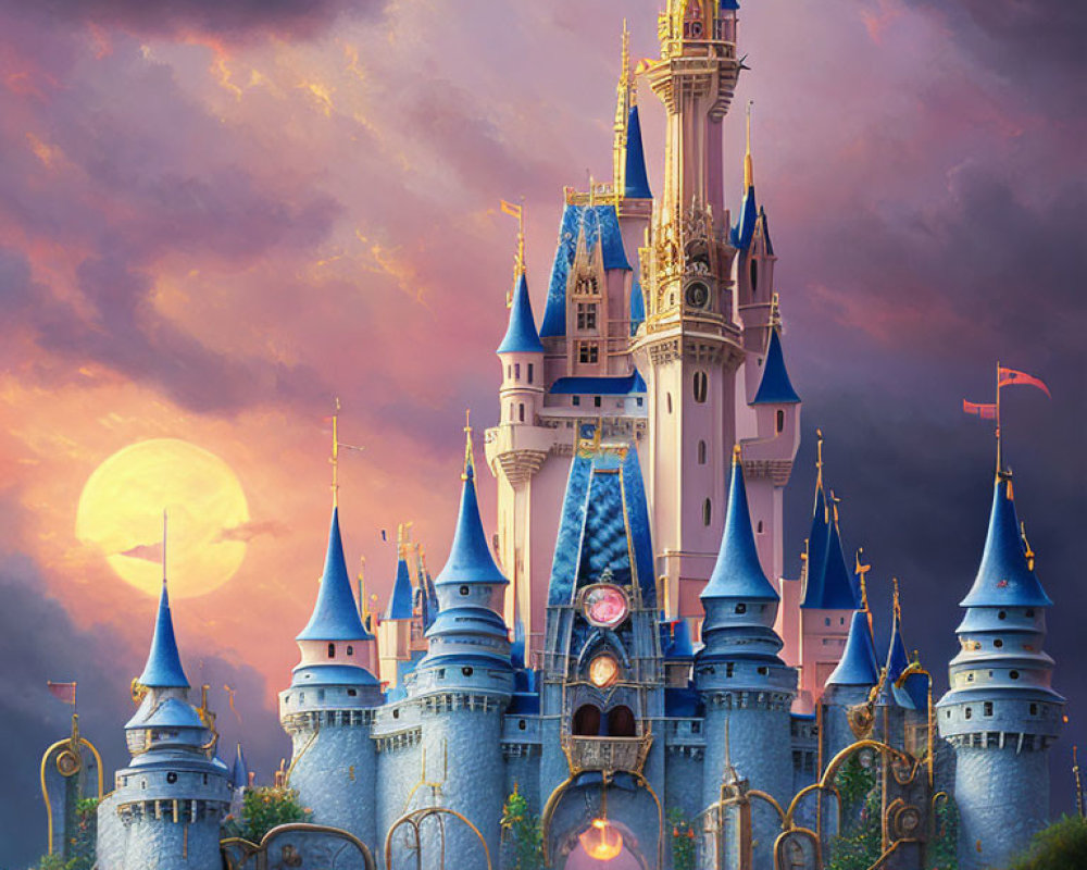 Castle with Blue Spires, Clock, and Gardens at Sunset