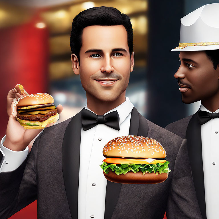 Stylized image of two men in tuxedos with classic hamburgers