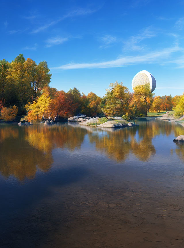 Tranquil autumn landscape with reflective lake and colorful foliage