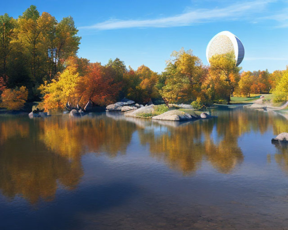 Tranquil autumn landscape with reflective lake and colorful foliage