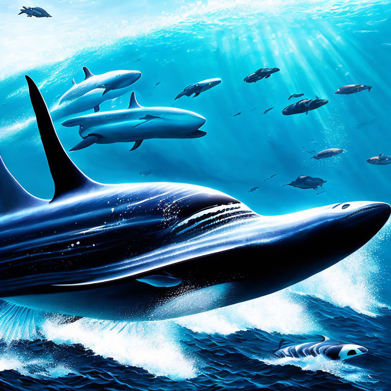 Futuristic oversized whales swim with small fish in deep blue ocean