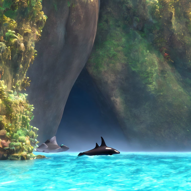 Orca swimming near sunlit sea cave and turquoise water