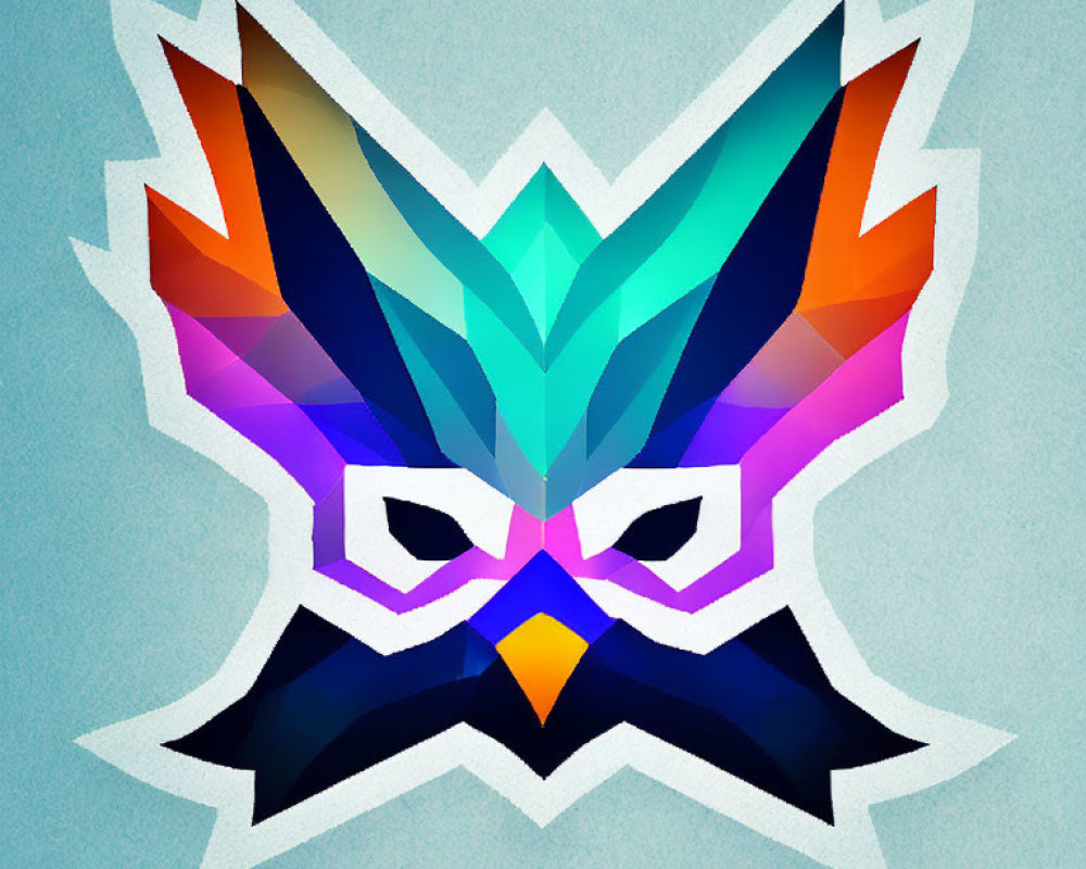 Symmetrical geometric owl illustration in blue and orange on textured background