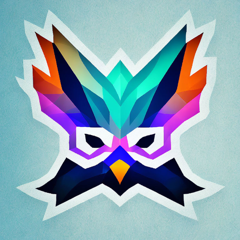 Symmetrical geometric owl illustration in blue and orange on textured background