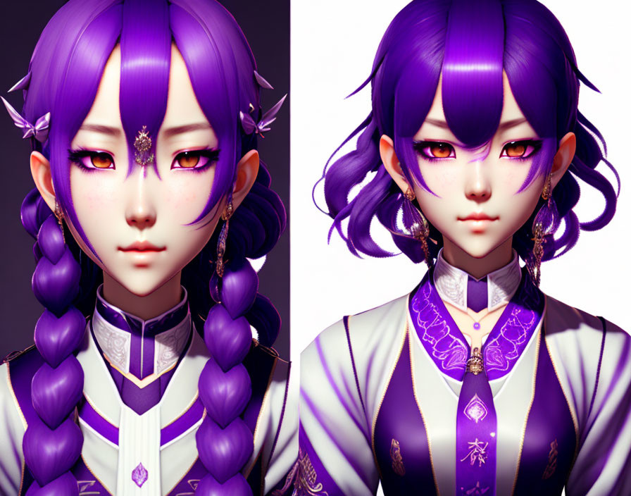 Character with Purple Hair and Elf-like Ears in Purple and White Outfit