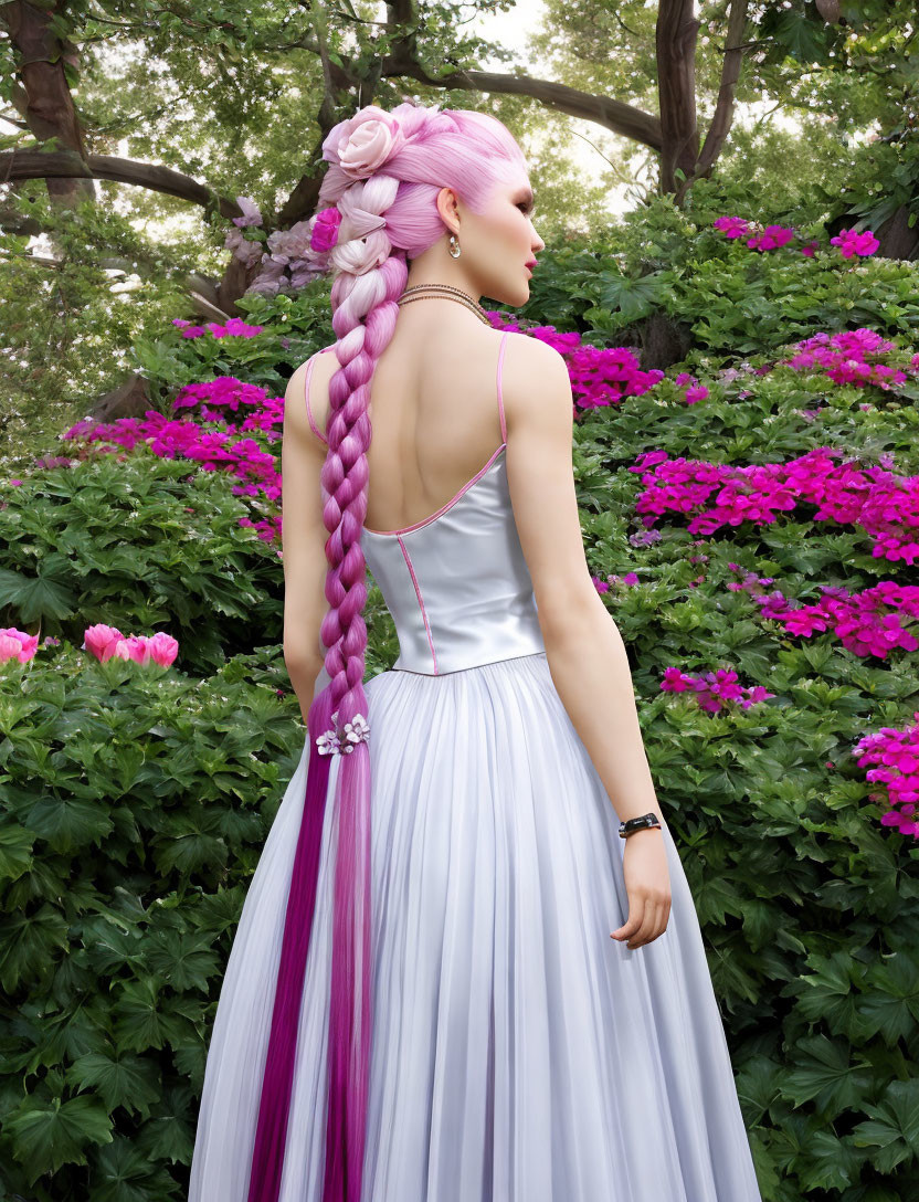 Pink-haired woman in floral braid and dress surrounded by vibrant garden blooms