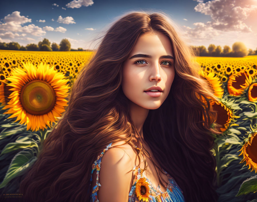 Woman with long, wavy brown hair in sunflower field under blue sky