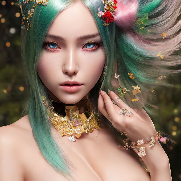 Fantasy-inspired illustration of woman with mint green hair and intricate accessories