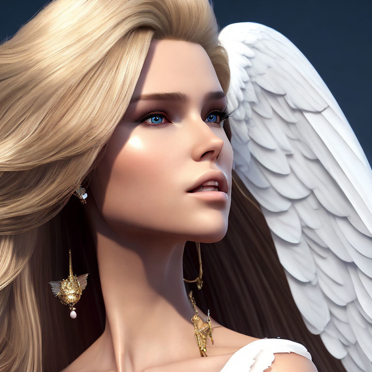 Digital artwork: Woman with angel wings, blue eyes, blonde hair, gold earrings on blue background