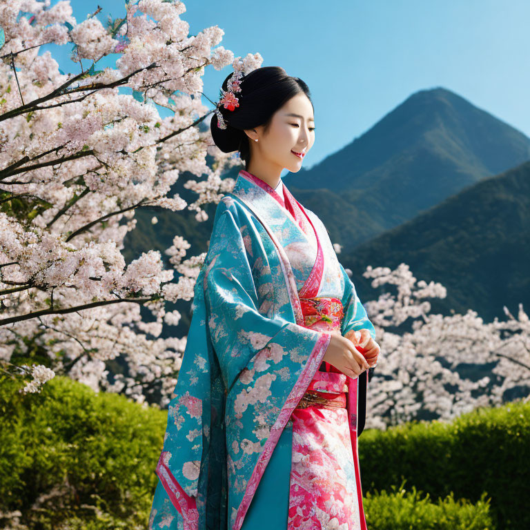 Traditional Kimono-Wearing Woman Surrounded by Cherry Blossoms and Mountains