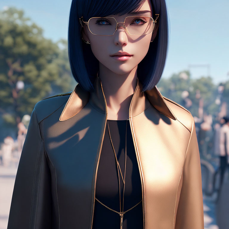 Animated woman with blue hair and glasses in gold jacket, amidst blurred crowd