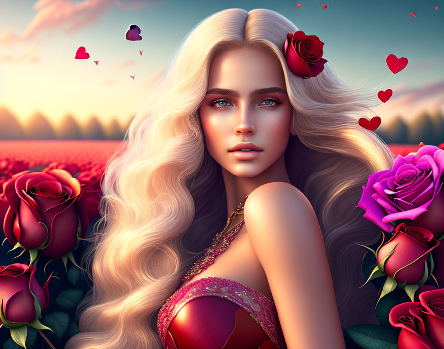 Digital artwork: Woman with blonde hair and red roses in sunset ambiance