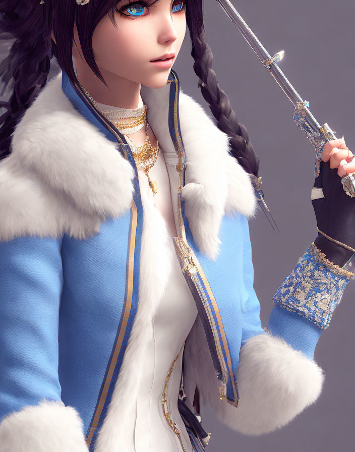 Fantasy female character with blue eyes and silver sword in blue and white outfit