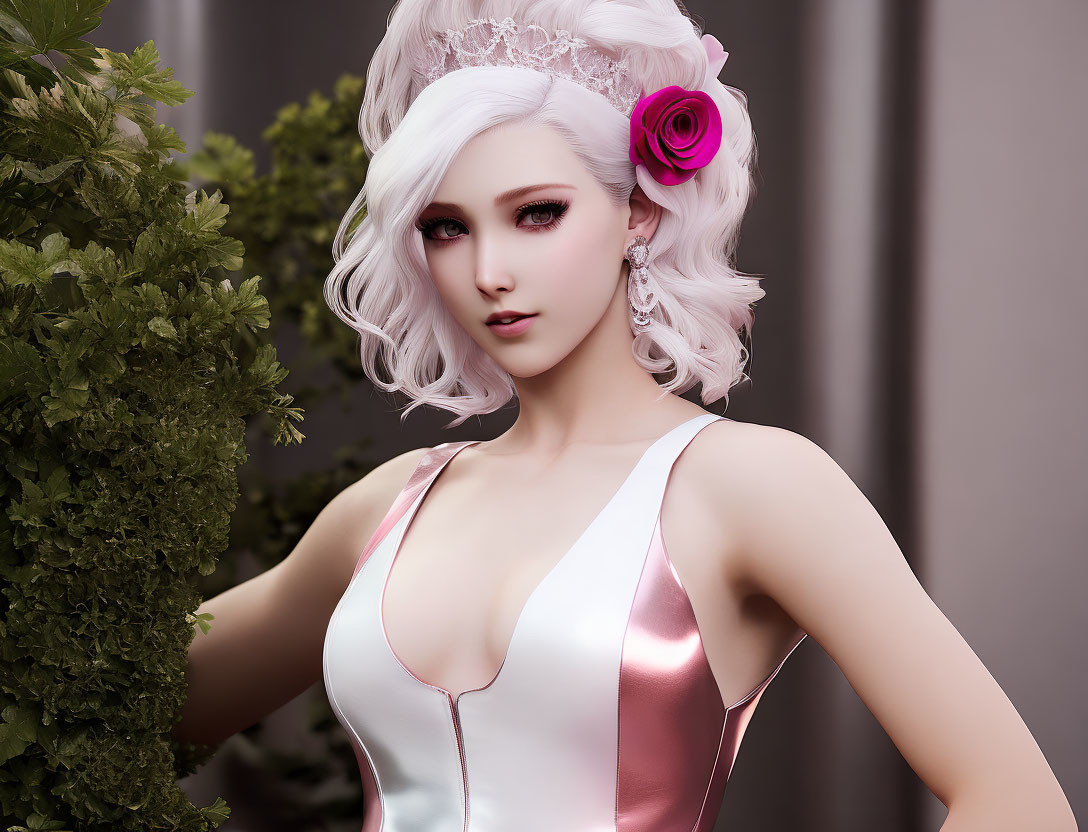 Digital artwork of woman with white hair, pink rose, satin gown & earrings