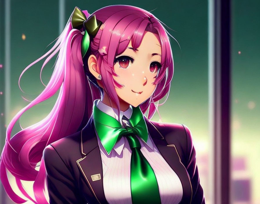 Pink-haired girl with green bow tie smiling by city lights window