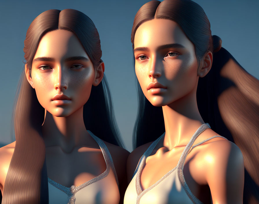 Stylized 3D female figures with long hair in white outfits