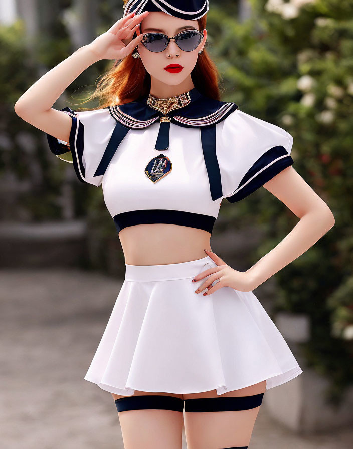 Woman in Sailor-Inspired Outfit with Cropped Top and Pleated Skirt