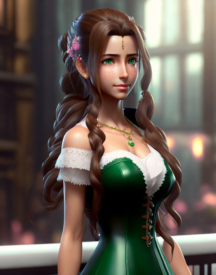 Brown-haired woman in green corset dress with flower, 3D-rendered against cityscape