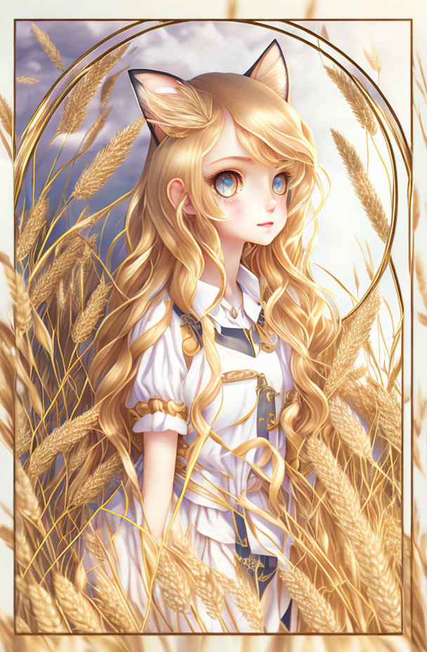 Blond girl with cat ears in white and blue outfit among golden wheat stalks