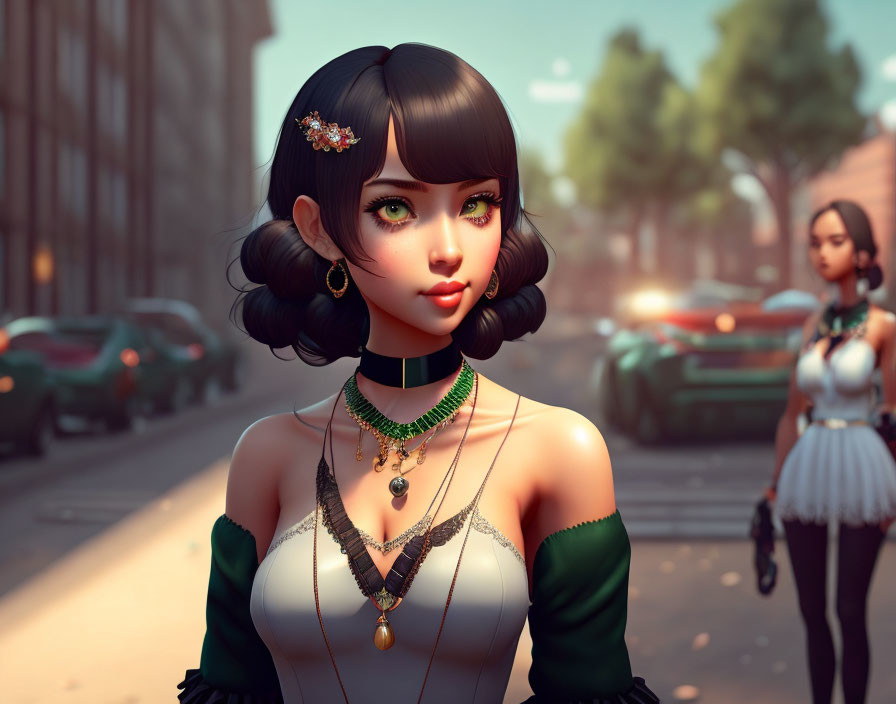 Stylized urban scene: Two women, one with short black hair and green attire.