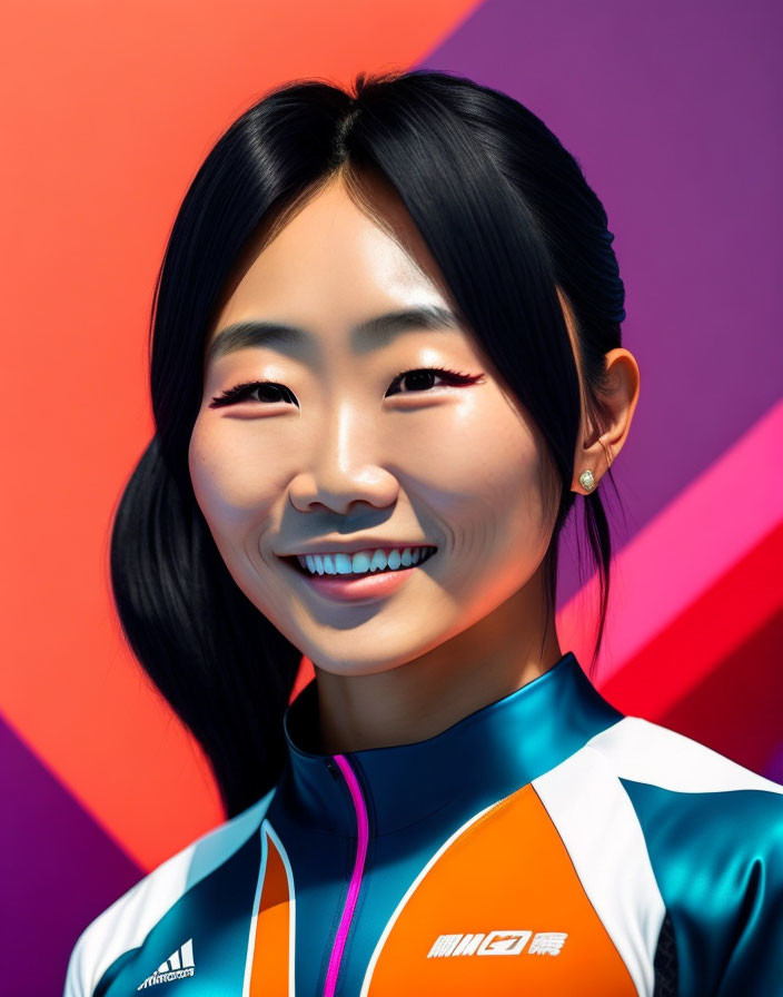 Smiling woman in colorful sports top on vibrant geometric backdrop