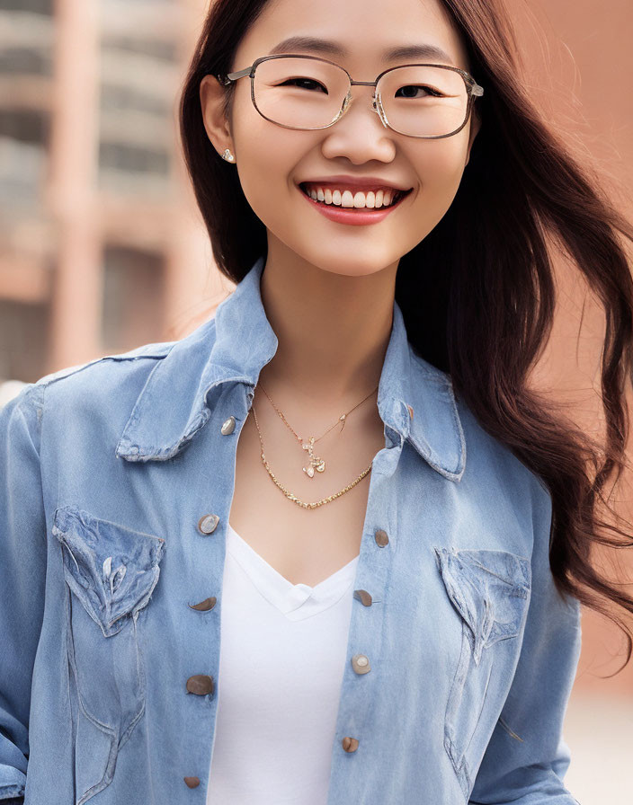 Smiling woman in denim jacket and glasses with delicate necklace