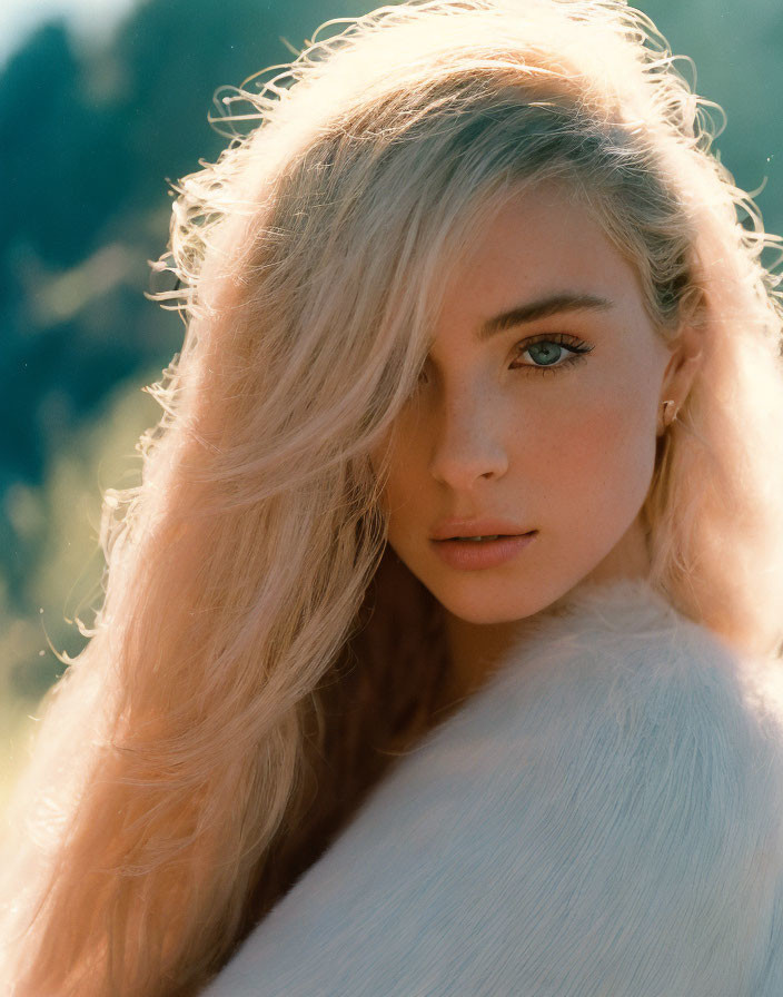 Blonde woman portrait with blue eyes and soft backlighting