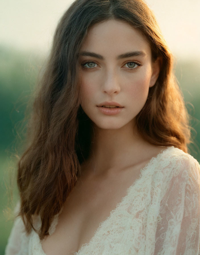 Portrait of Woman with Green Eyes and Brown Hair in Lace Garment