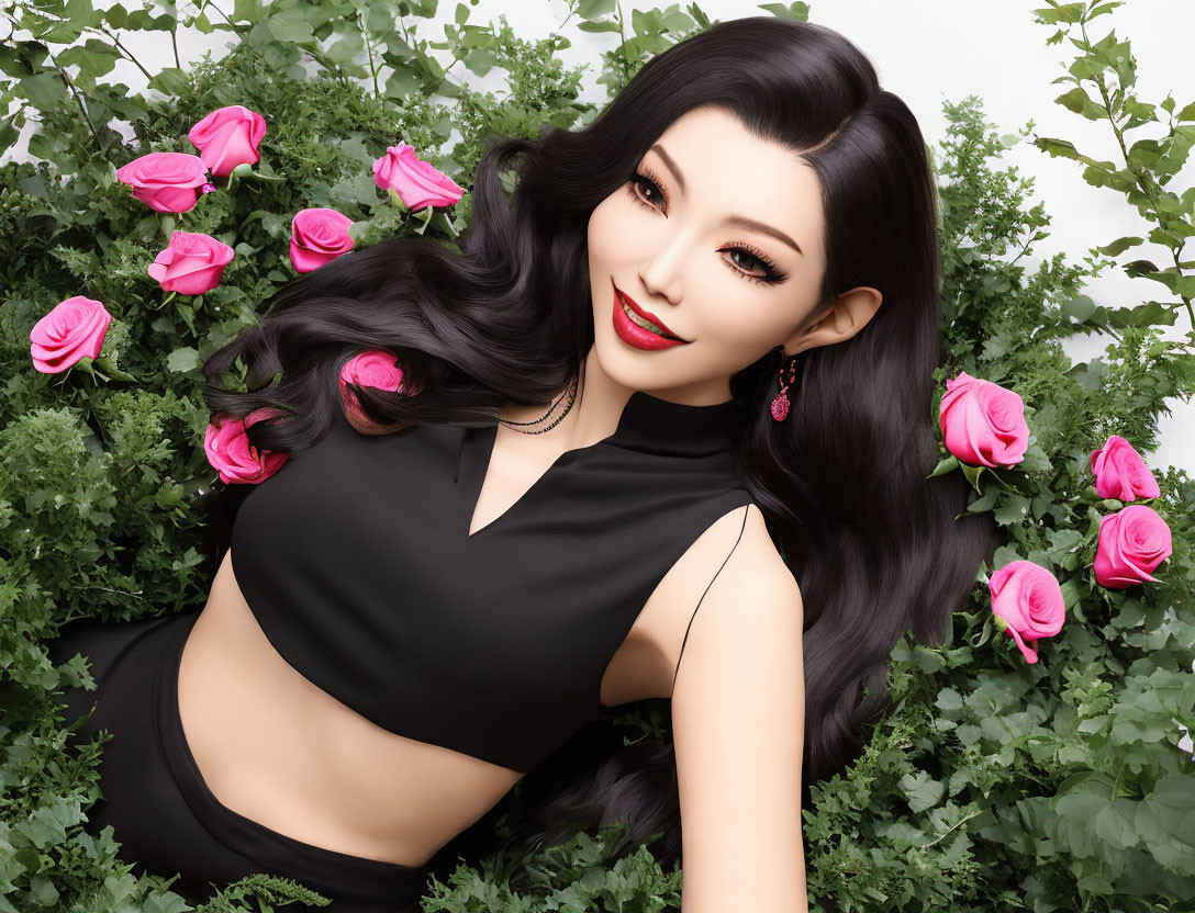 Animated woman with black hair and red lipstick in black top surrounded by pink roses on white background