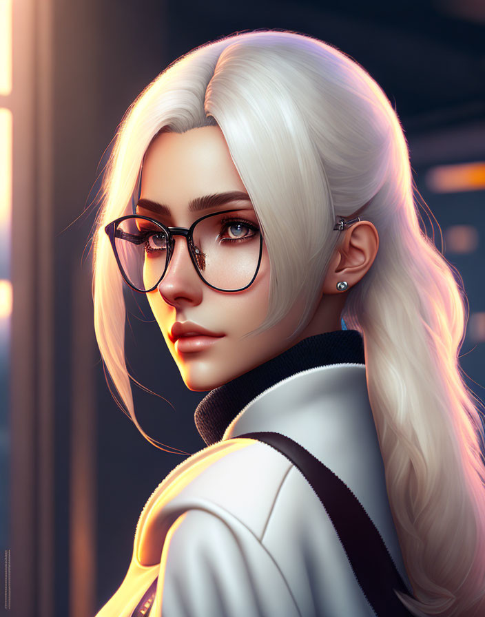 Woman with White Hair and Glasses in Black and White Outfit