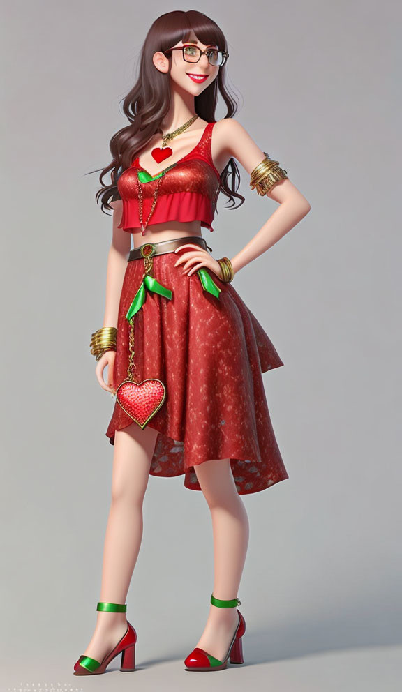 3D-rendered female character with brown hair, glasses, red dress, heart patterns, gold b